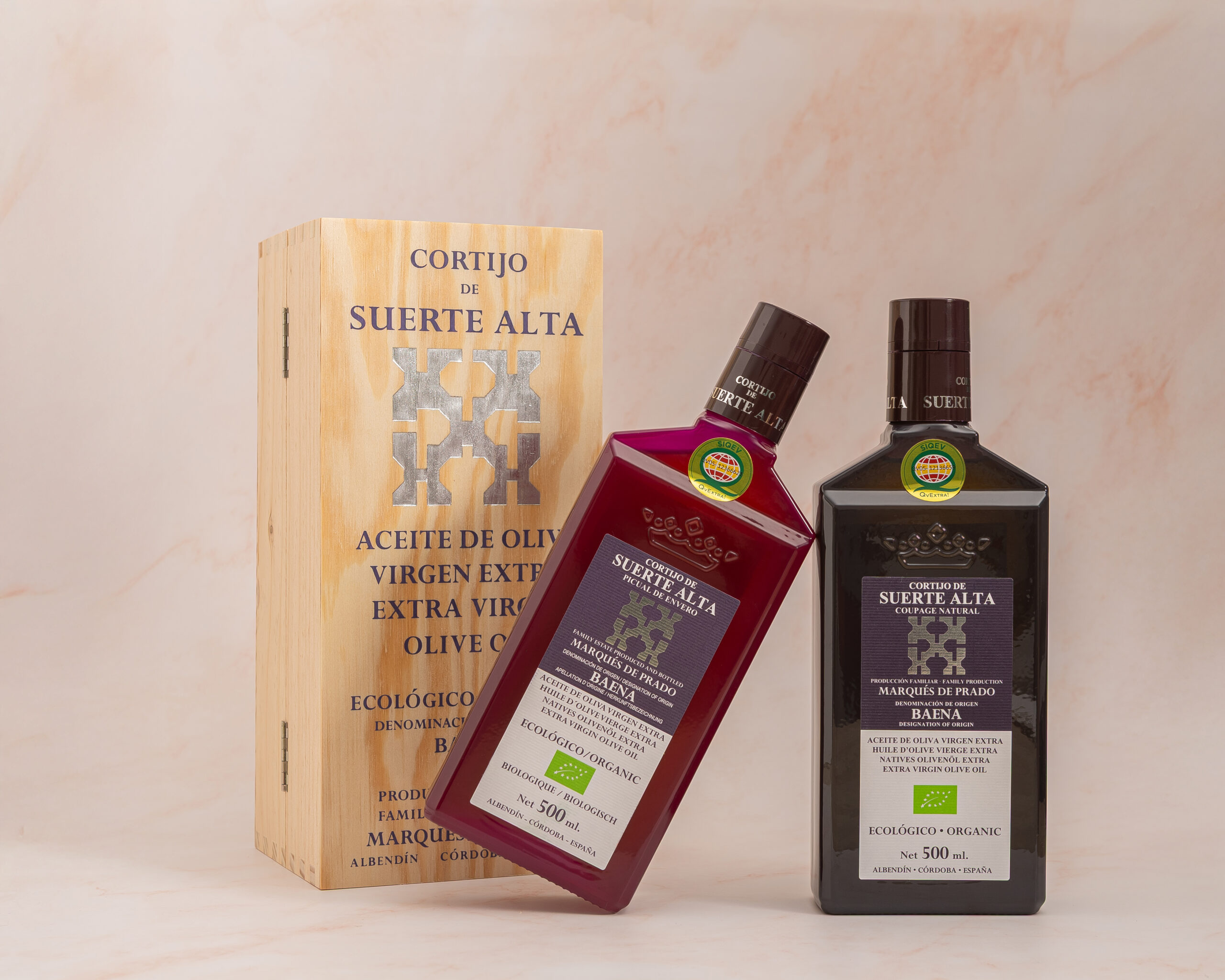 Estuche de regalo de madera con aceite de oliva virgen extra ecológico Suerte Alta